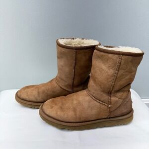 Ugg Classic Short 5825 Women 8‎ Tan Suede Shearling Lined Leather Boots F19015G